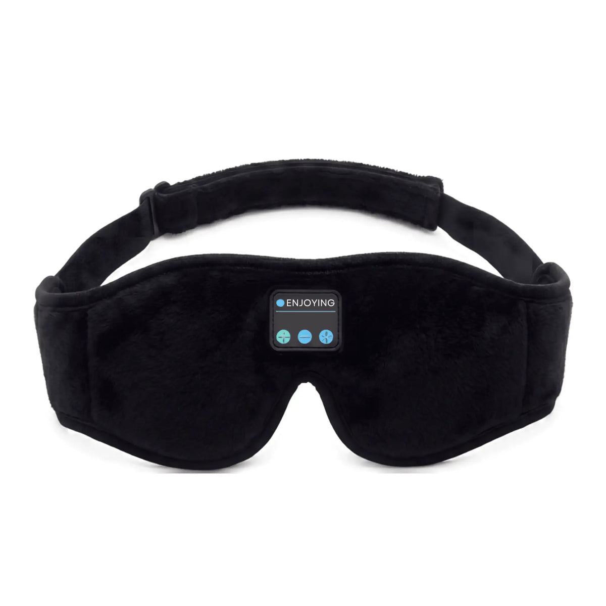 Front view of the black Nurtura Bluetooth sleep mask showing the control panel and adjustable head strap.