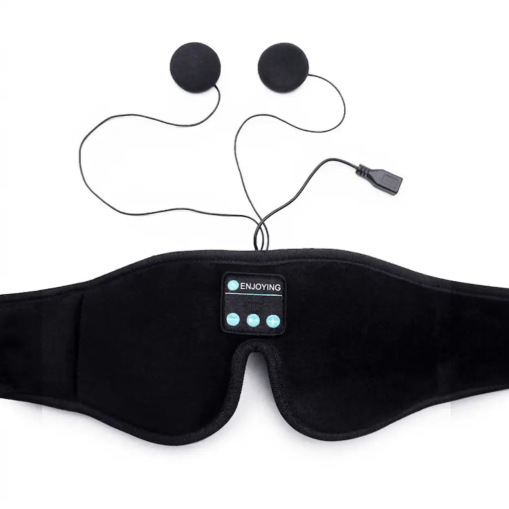 Nurtura Bluetooth sleep mask displayed with its removable audio speakers and connecting wires.