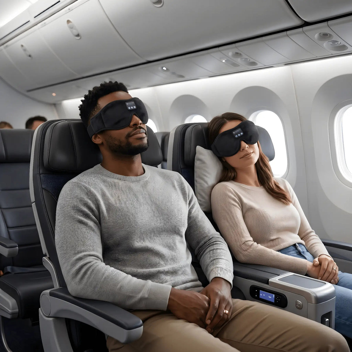 Two passengers wearing black sleep masks while resting in their seats during a flight.