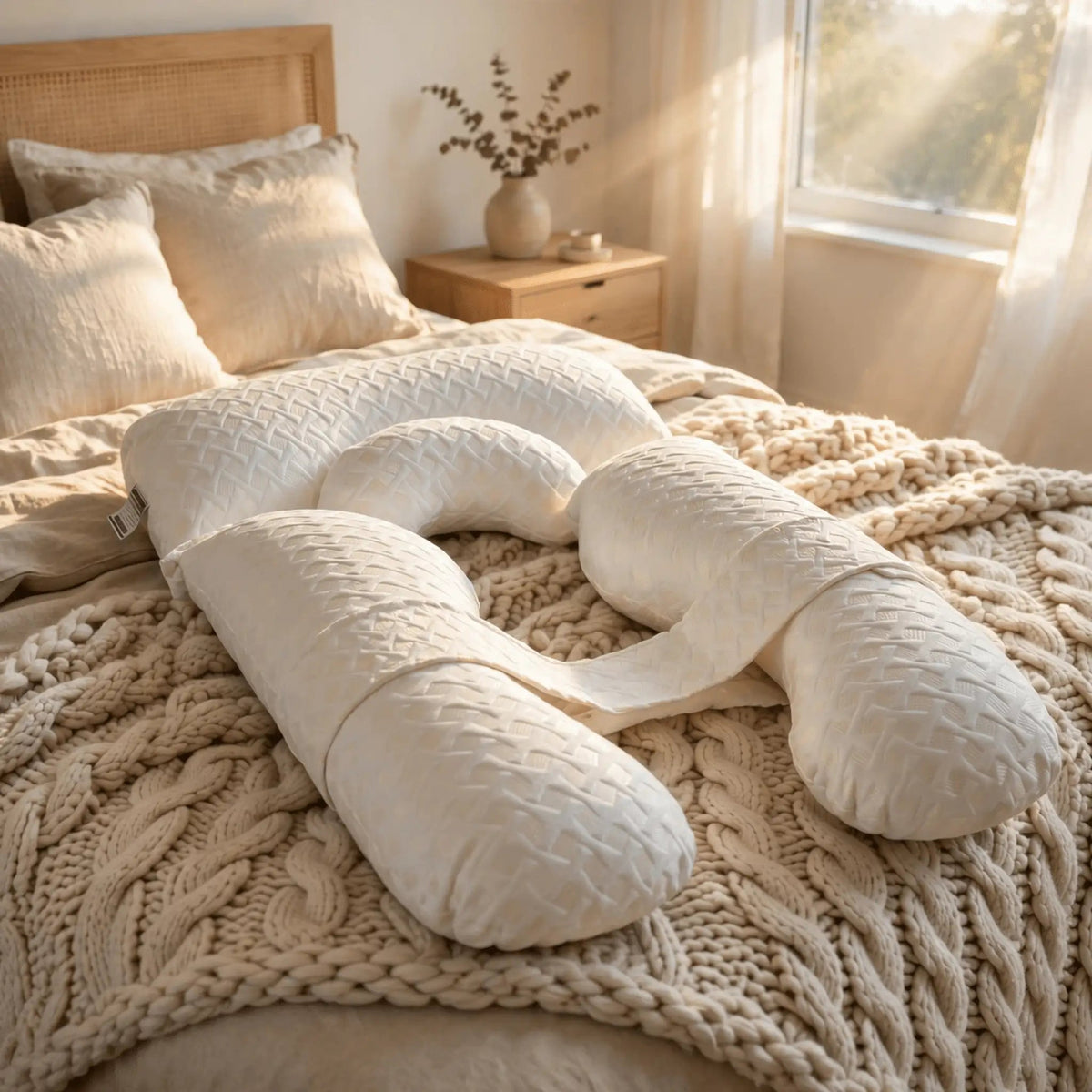 Ivory Nurtura U-shaped body pillow with quilted fabric and a connecting strap, displayed on a cosy bed with a chunky knitted throw.