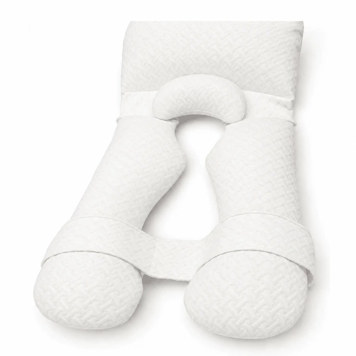 Nurtura U-shaped full body support pillow in white quilted fabric with two long cushioned arms