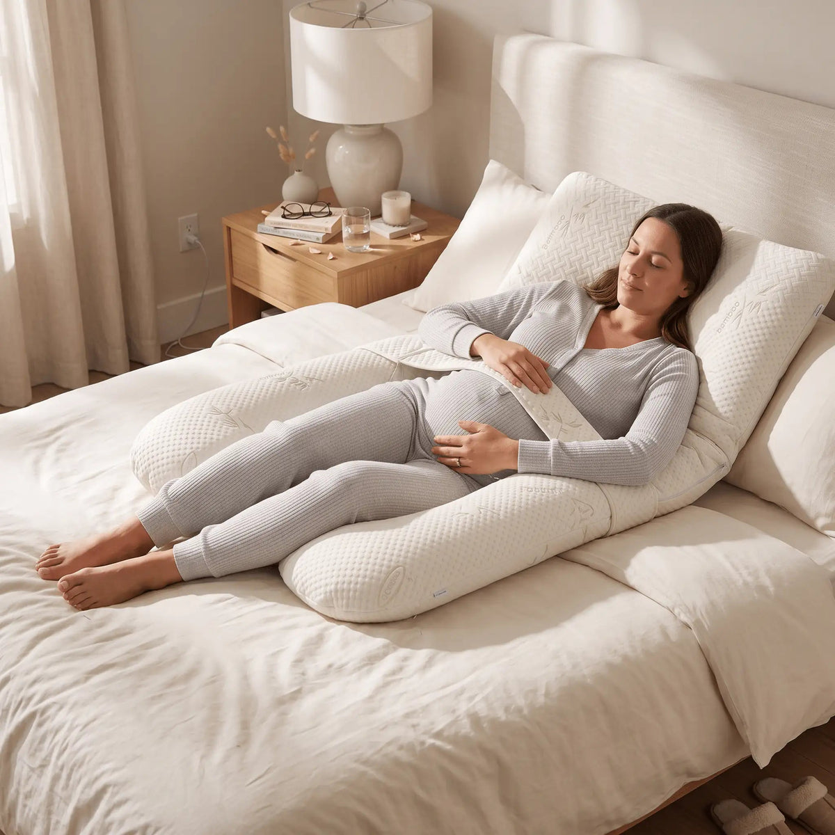 Woman reclining comfortably in bed with an ivory U-shaped pregnancy pillow cushioning her back, sides and legs.