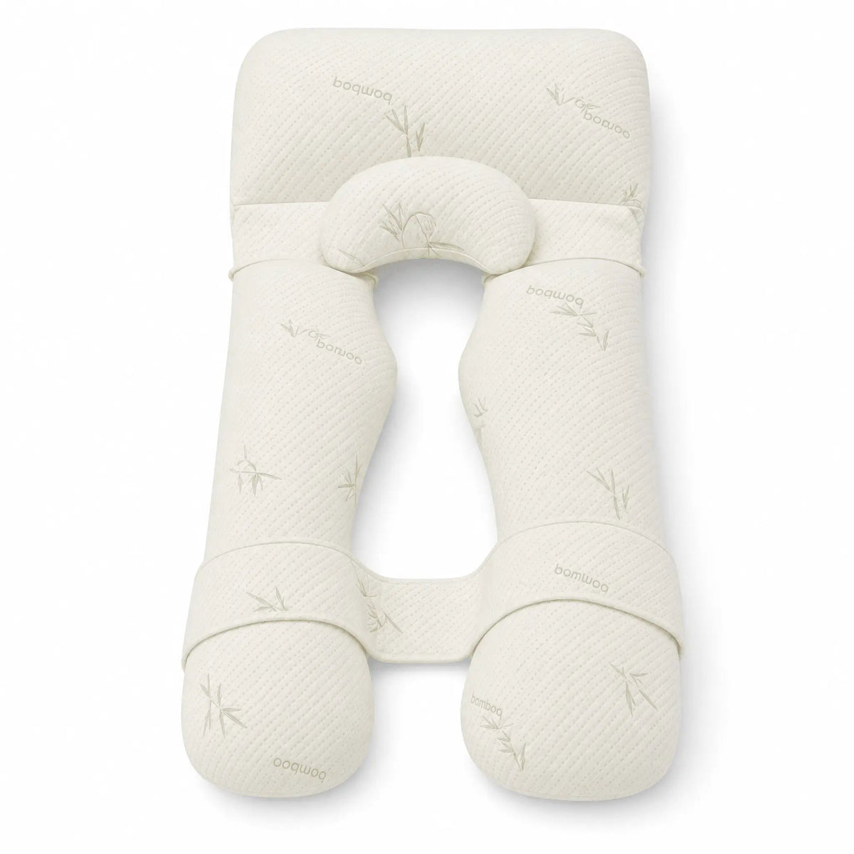 Ivory U-shaped body support pillow with a subtle bamboo-leaf print, matching head cushion and connecting strap.