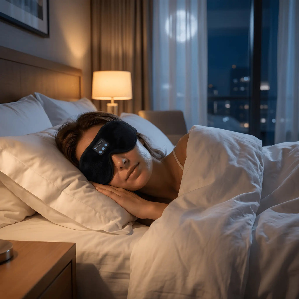Woman resting in bed at night wearing a black Bluetooth sleep mask.