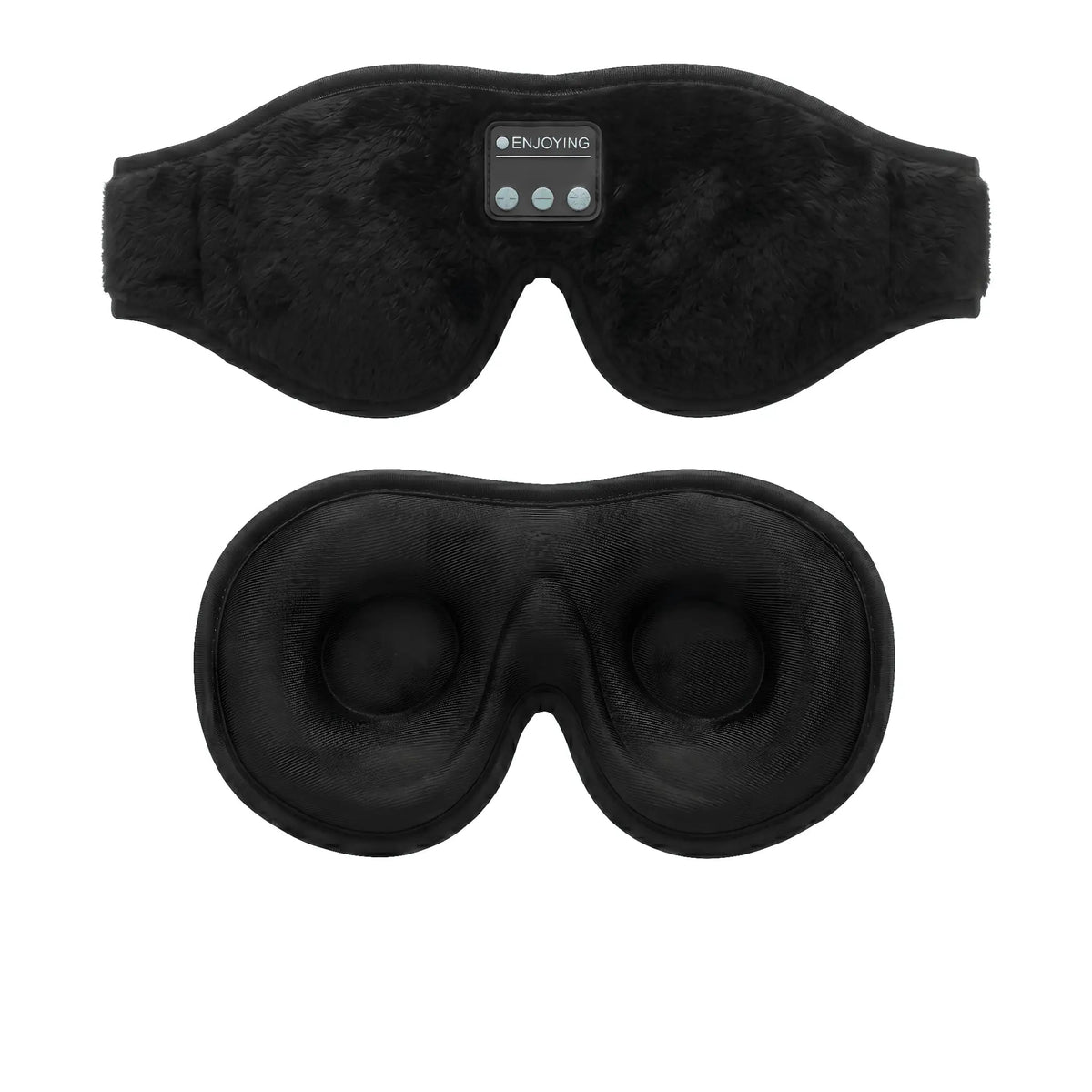 Two views of the Nurtura 3D sleep mask showing its black outer fabric and contoured inner eye cups.