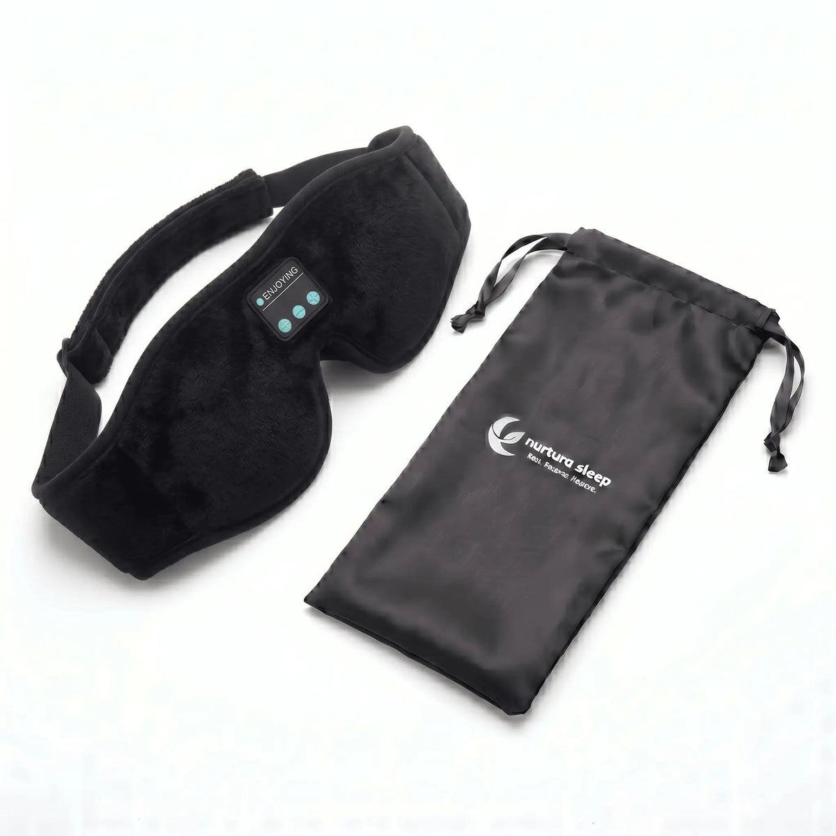 Black Nurtura Bluetooth sleep mask displayed with its matching drawstring storage pouch.