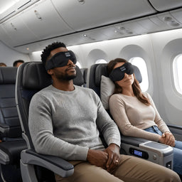 Two passengers wearing black sleep masks while resting in their seats during a flight.