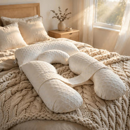 Ivory Nurtura U-shaped body pillow with quilted fabric and a connecting strap, displayed on a cosy bed with a chunky knitted throw.