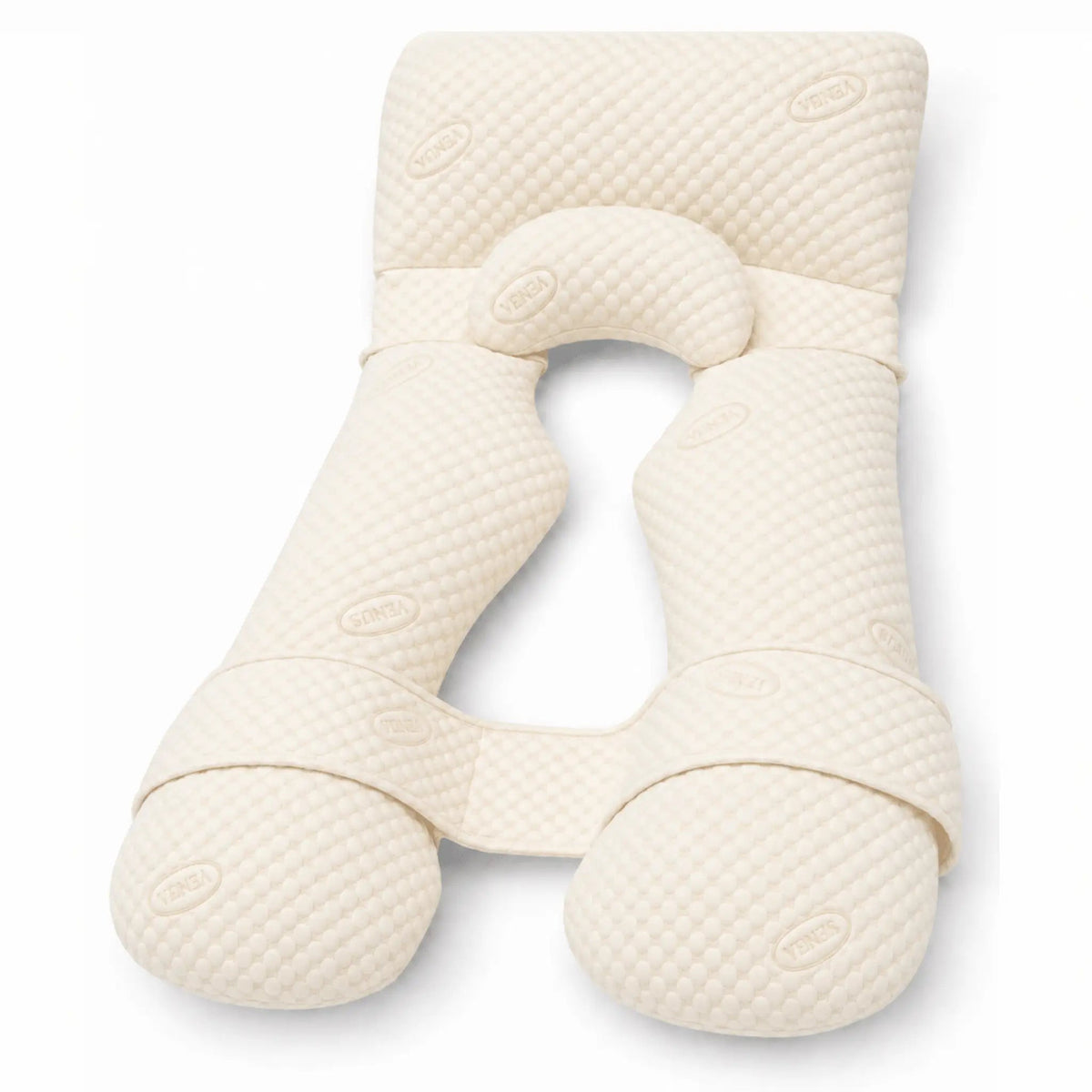 Cream U-shaped body pillow with raised quilted fabric, matching crescent cushion and connecting strap on a white background.
