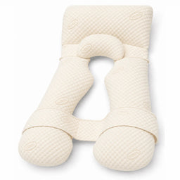 Cream U-shaped body pillow with raised quilted fabric, matching crescent cushion and connecting strap on a white background.