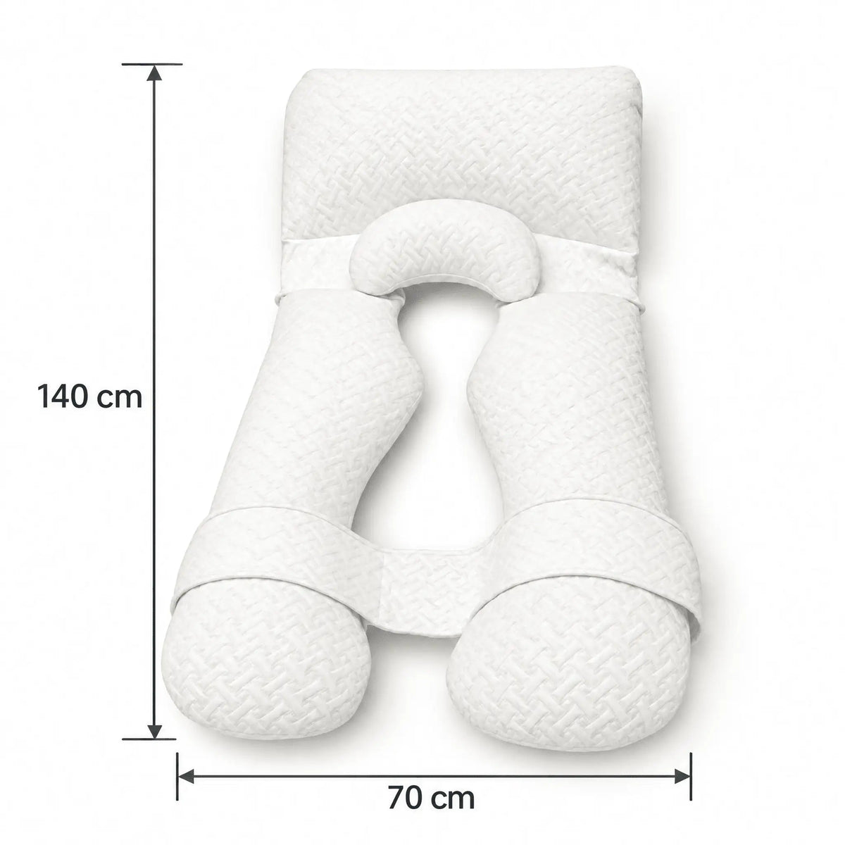 Nurtura U-shaped full body support pillow dimensions diagram showing a length of 140 cm and width of 70 cm.