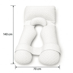 Nurtura U-shaped full body support pillow dimensions diagram showing a length of 140 cm and width of 70 cm.