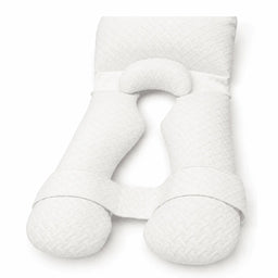 Nurtura U-shaped full body support pillow in white quilted fabric with two long cushioned arms