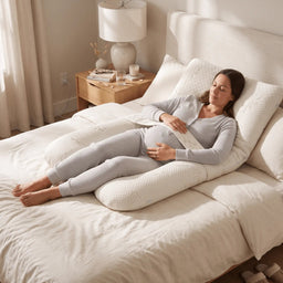 Woman reclining comfortably in bed with an ivory U-shaped pregnancy pillow cushioning her back, sides and legs.
