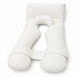 U-shaped full body support pillow in white fabric with a grey triangle pattern, crescent cushion and connecting strap.