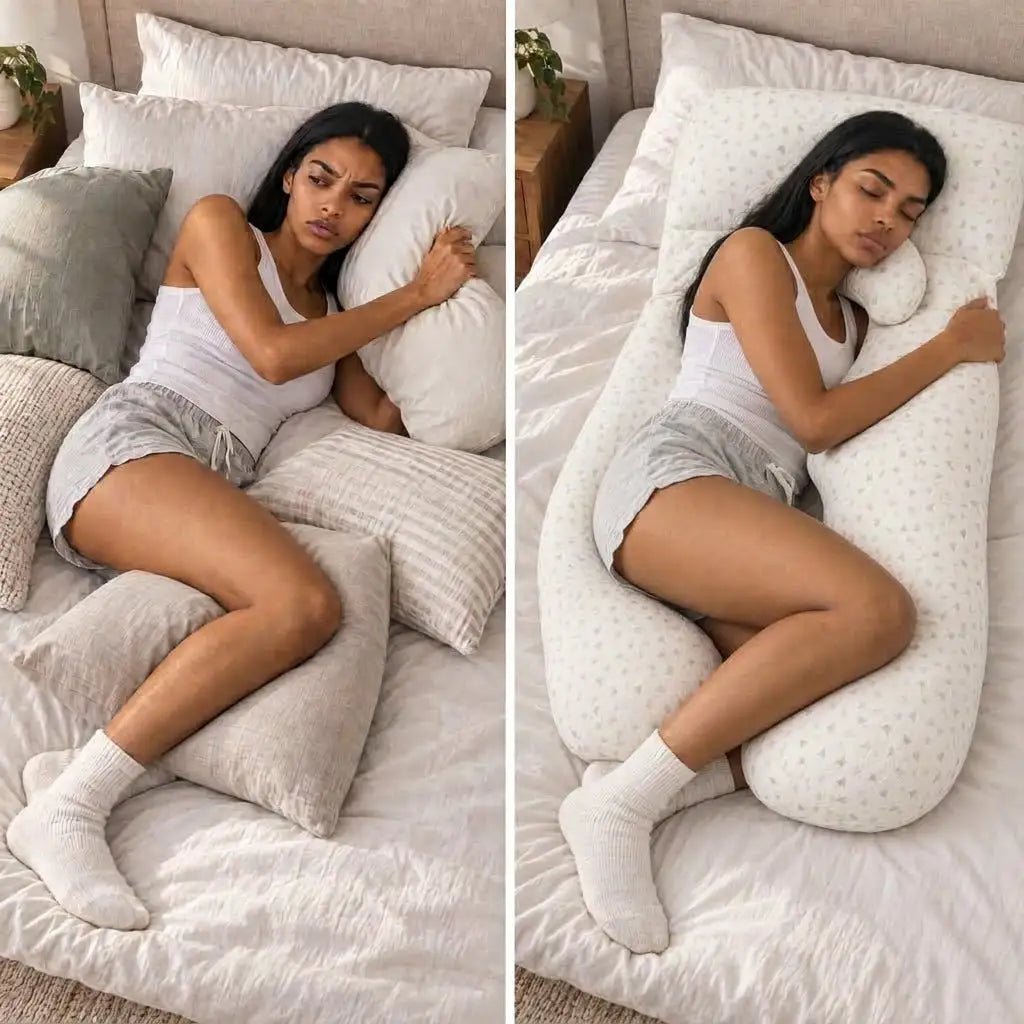 Side-by-side comparison of a woman side sleeping with several separate pillows and then using a Nurtura U-shaped body pillow.