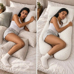Side-by-side comparison of a woman side sleeping with several separate pillows and then using a Nurtura U-shaped body pillow.