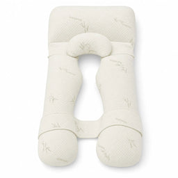 Ivory U-shaped body support pillow with a subtle bamboo-leaf print, matching head cushion and connecting strap.