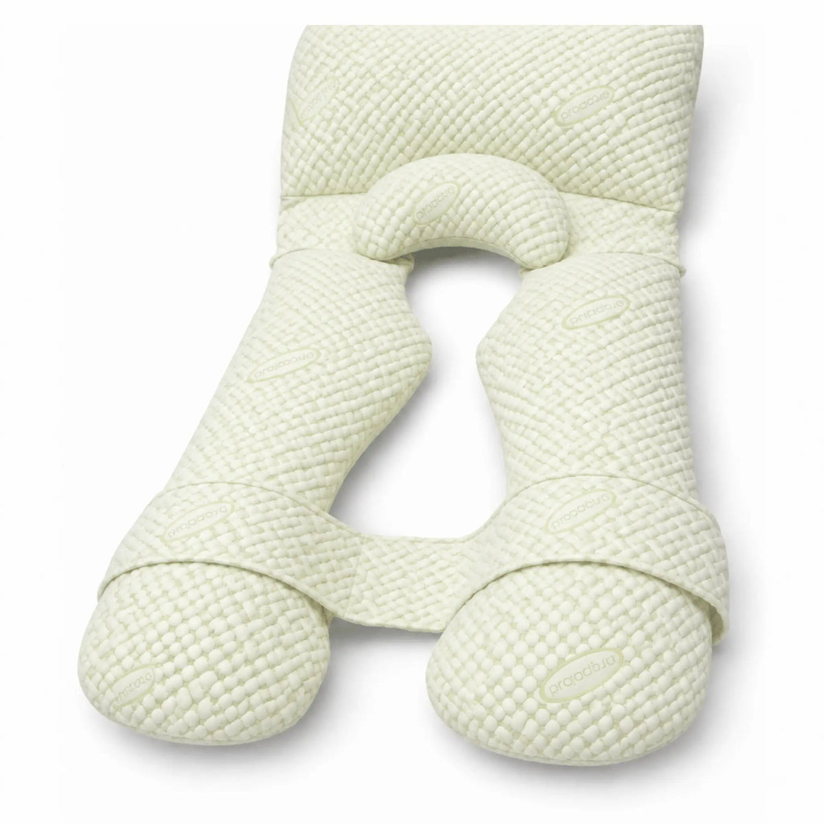 Pale green U-shaped full body pillow with textured quilted fabric, matching support cushions and connecting strap.