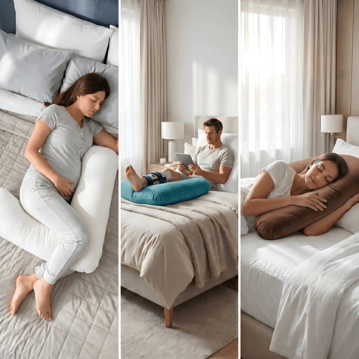Three lifestyle photographs showing different ways to position a Nurtura V-shaped support pillow for resting and relaxation.